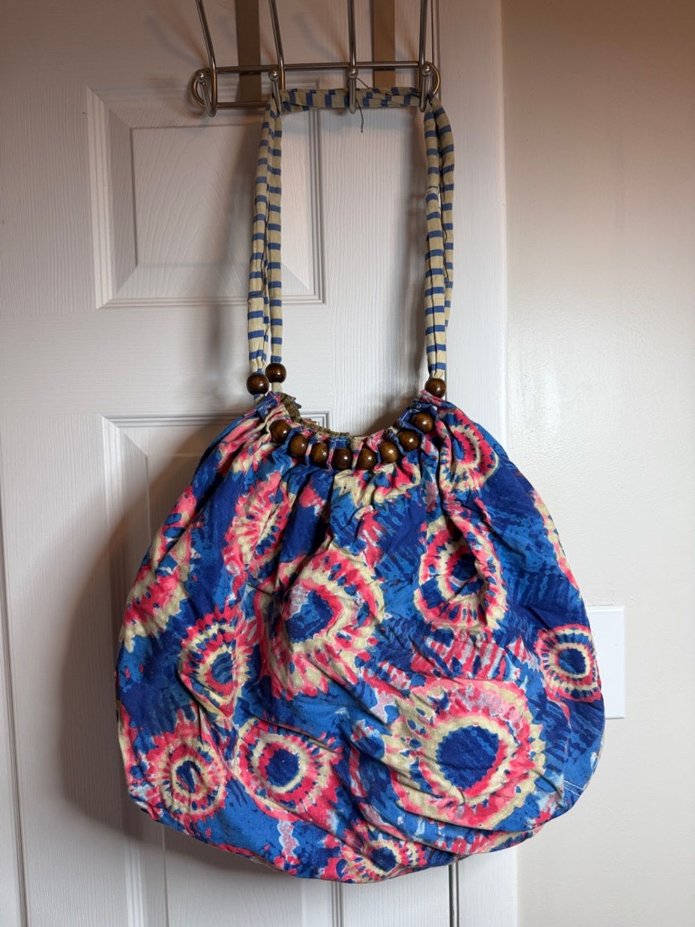 Route 66 Blue Tie-Dye Circle Print Tote with Beaded Accent